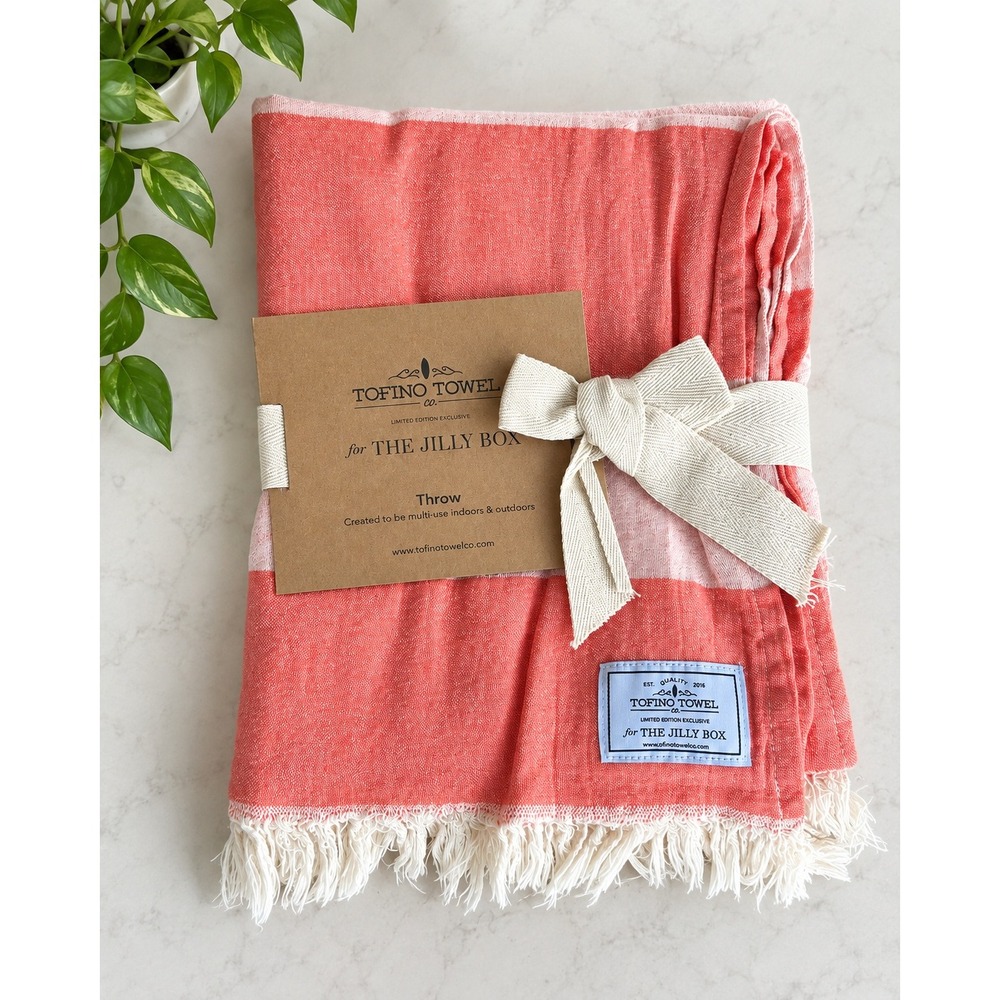 Tofino Towel Co x The Jilly Box Coral Pink Striped Organic Turkish Cotton Throw